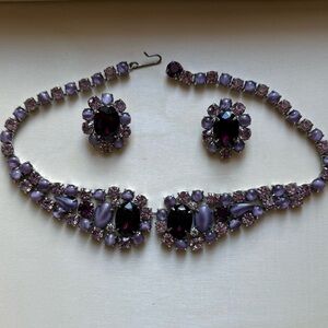 Vintage rhinestone and purple foil glass choker with matching clip on earrings